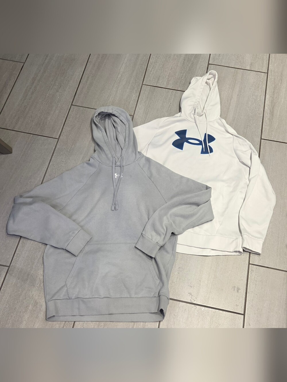 Mens Size Medium Under Armour White Hoodie + Light Gray Pullover Hoodie
